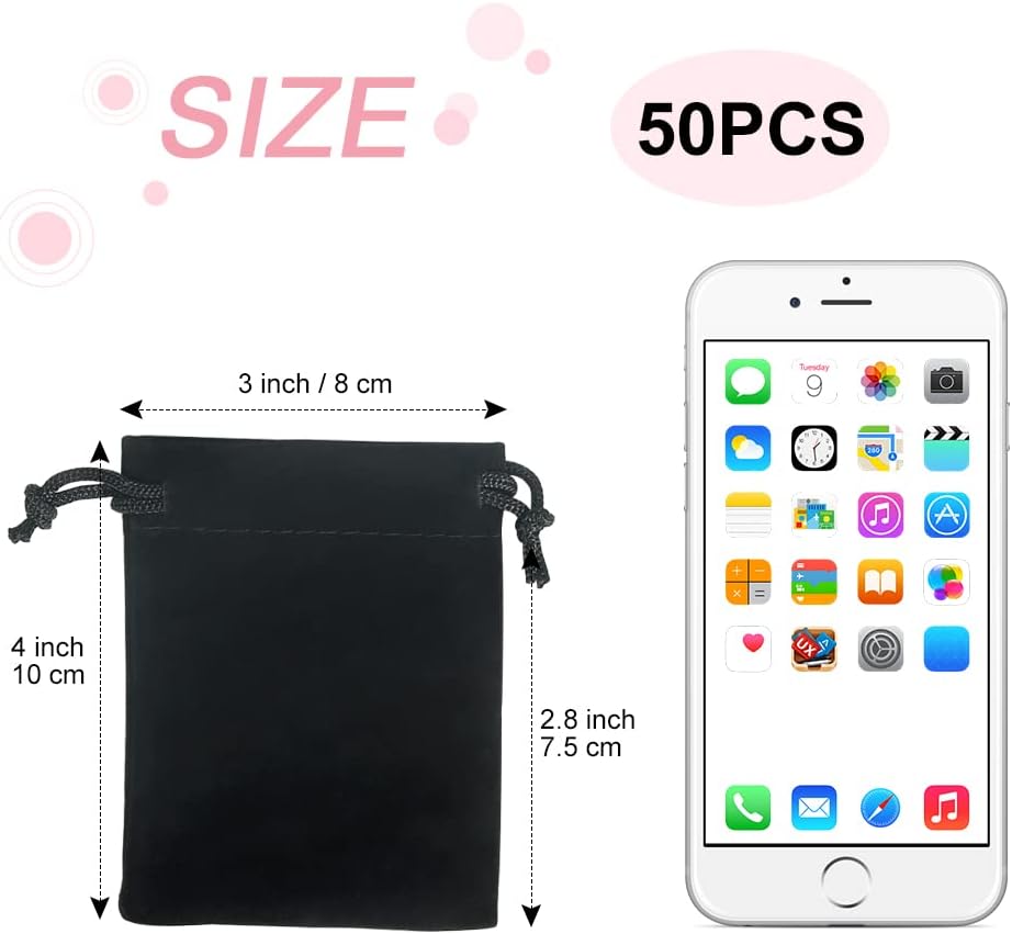 Shintop 50pcs Little velvet Jewelry bags, 3x4inch Black Drawstring Gift pouches Coin Purse for Dice