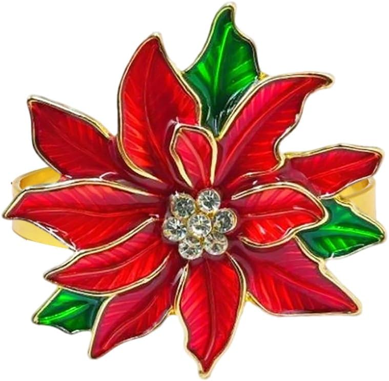 Poinsettia Napkin Rings Set of 6, Xmas Party Red Flower Napkin Holder Buckles, Thanksgiving