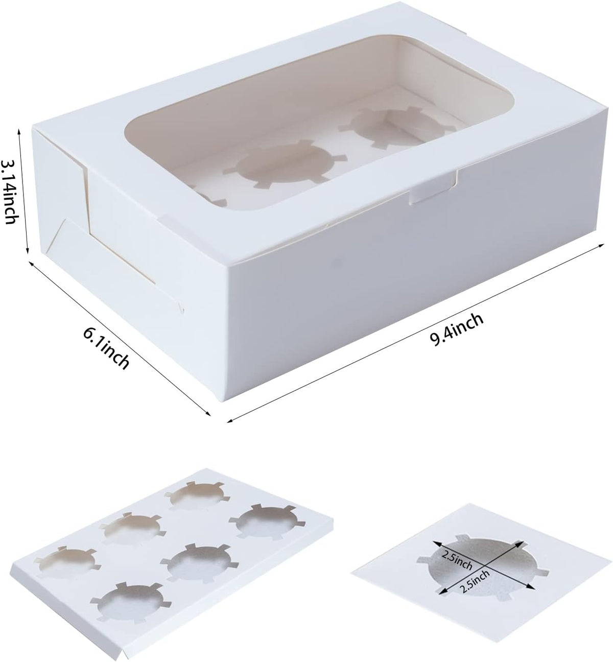 Yeplan 50 Packs Cupcake Boxes,9.4x6.1x3.14 Inches 6 Count Cupcake Box,White Cupcake Containers with