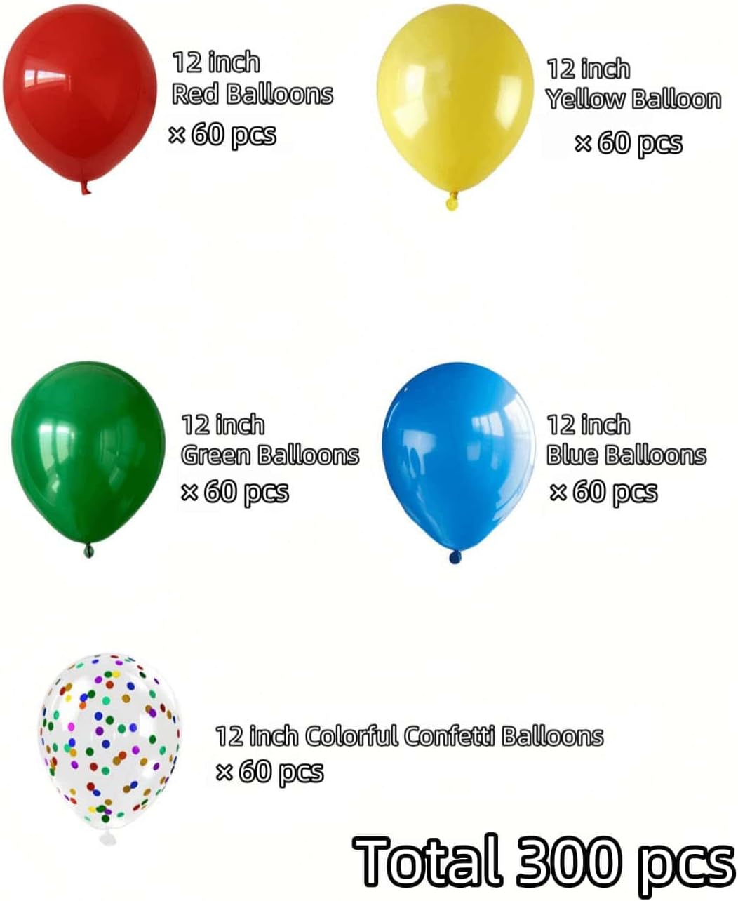 300 Pcs Red Yellow Blue Green Balloons, 12 Inch Red Yellow Blue Green Balloons and Colourful
