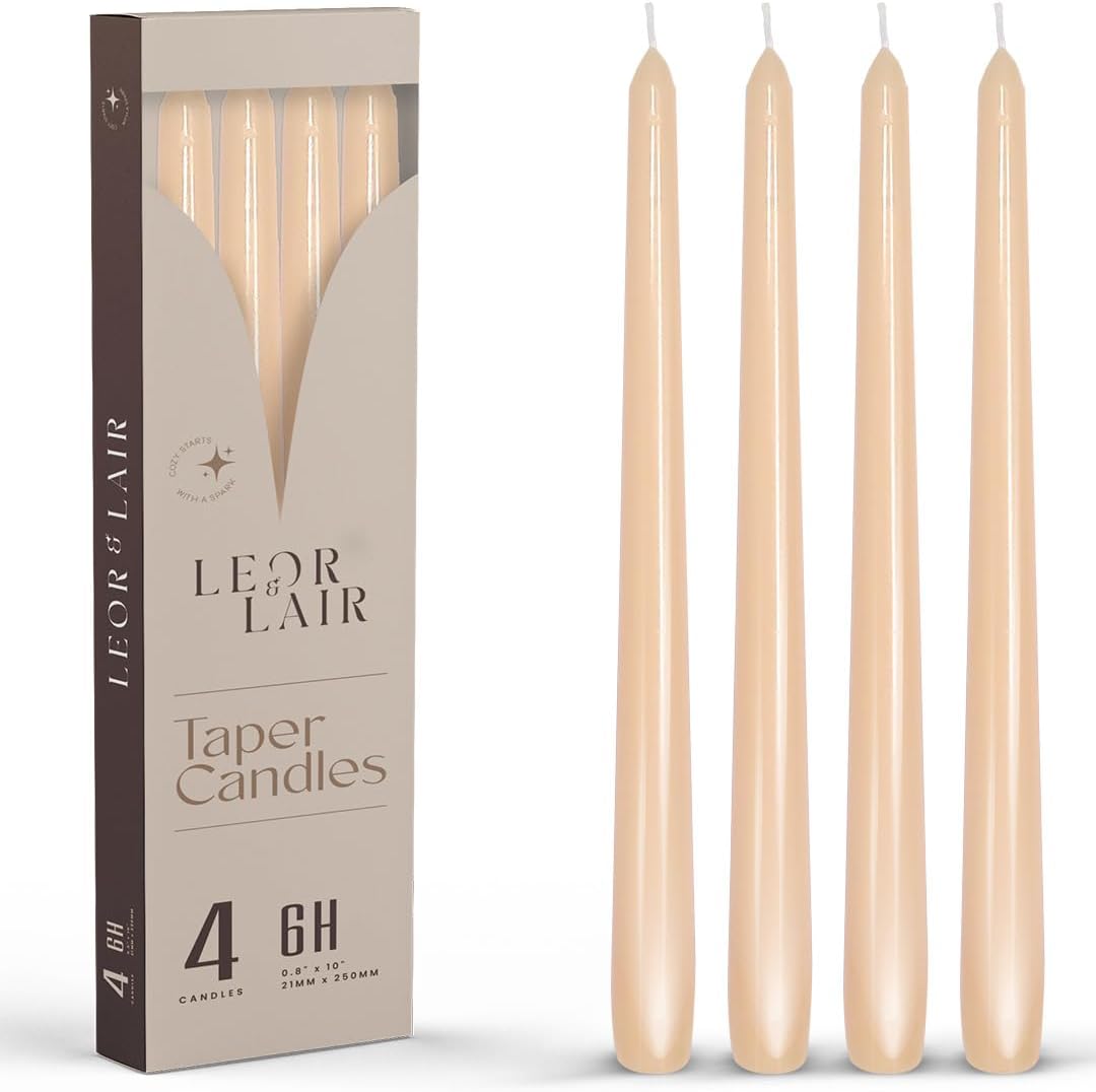 Leor & Lair Beige Taper Candles - 4 Pack 10" Beige Candlesticks - Unscented Long Burning Tapered