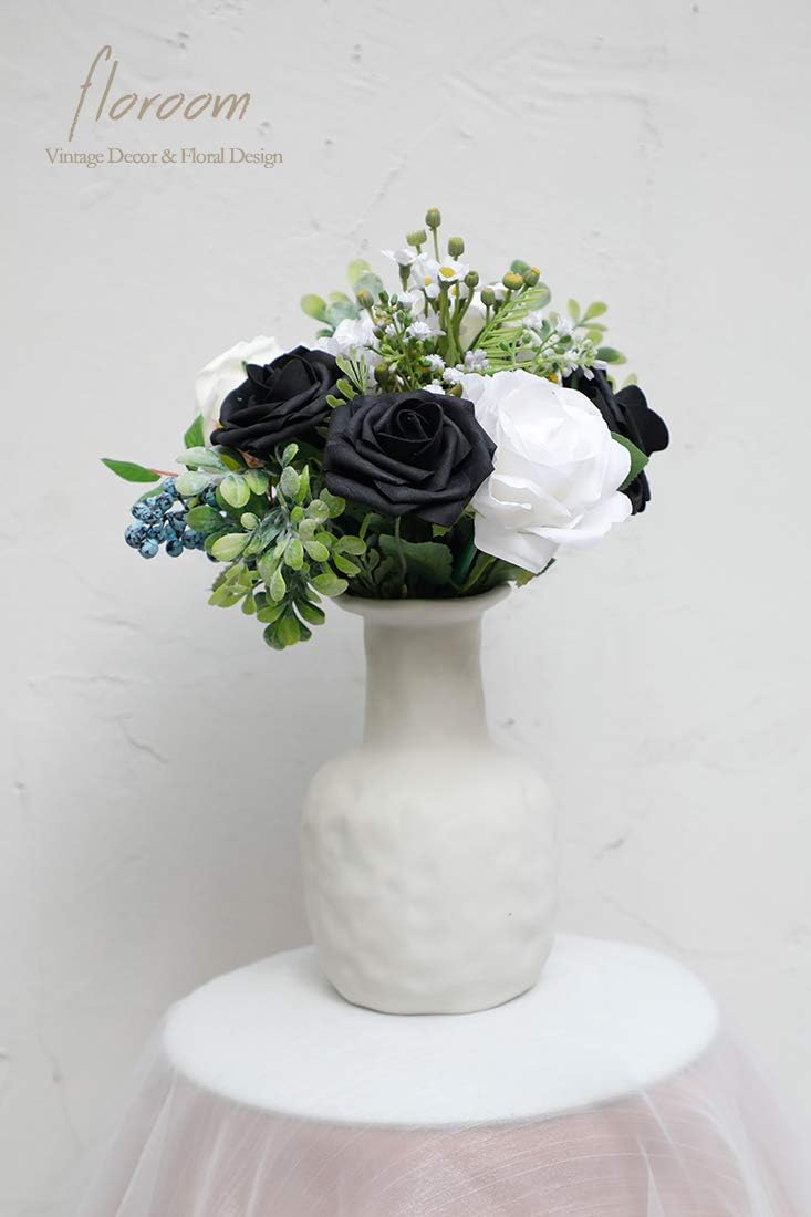 Floroom Artificial Flowers 25pcs Real Looking Black Foam Fake Roses with Stems for DIY Wedding