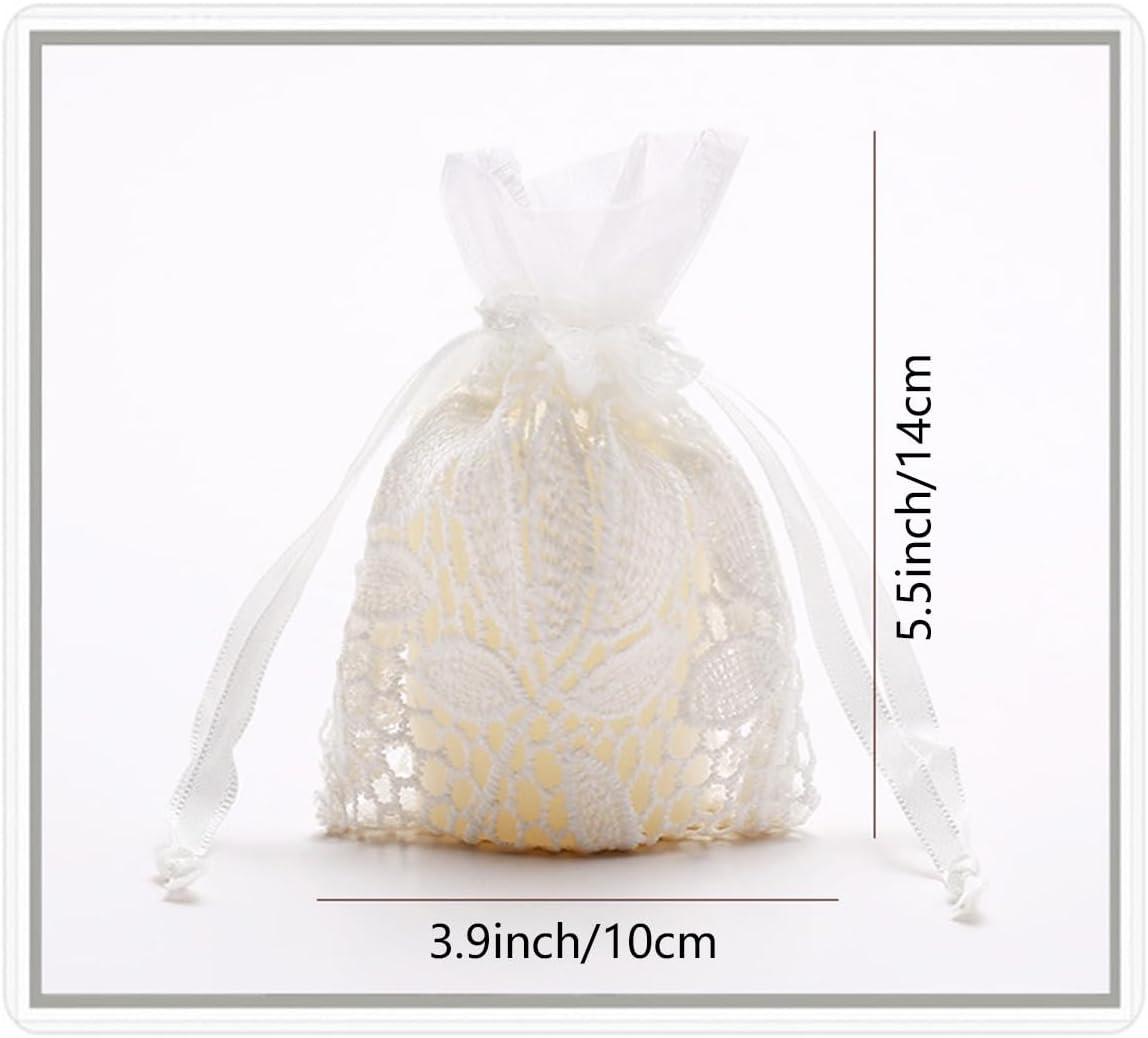 Petunny 6Pcs White Lace Drawstring Bags,Cotton Drawstring Gift Bags Embroidered Jewelry Pouch for