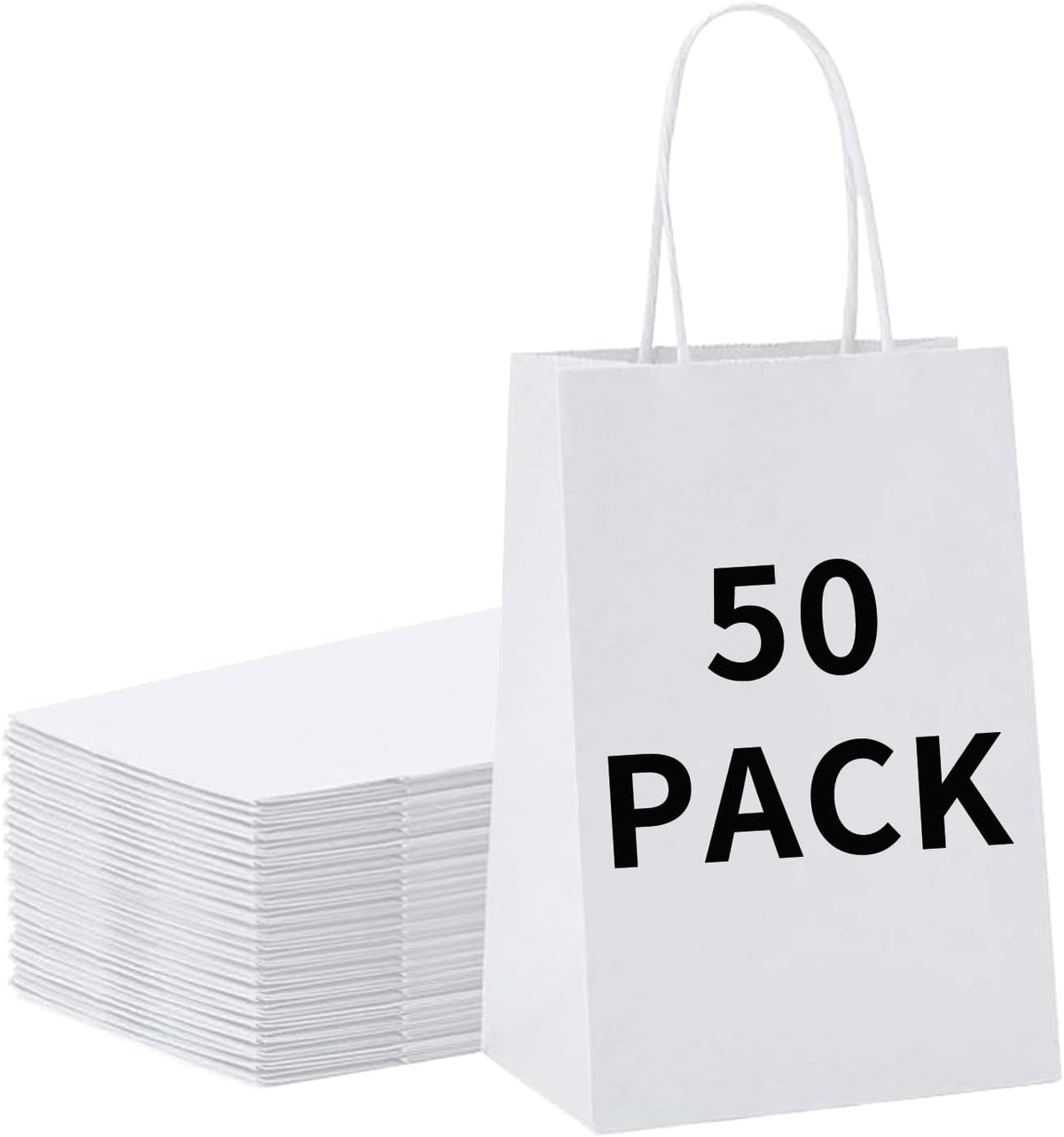 BAG BOX 50 Pack 5.9x3.1x8.25 Inch White Gift Bags with Handles,Bulk Kraft Paper Bags for Shopping