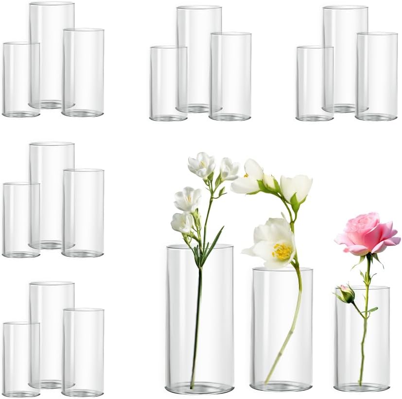 Glass Cylinder Vase Set of 18 for Centerpieces, 4,4.7,6 inch Tall Clear Vase Bulk Floating Candle
