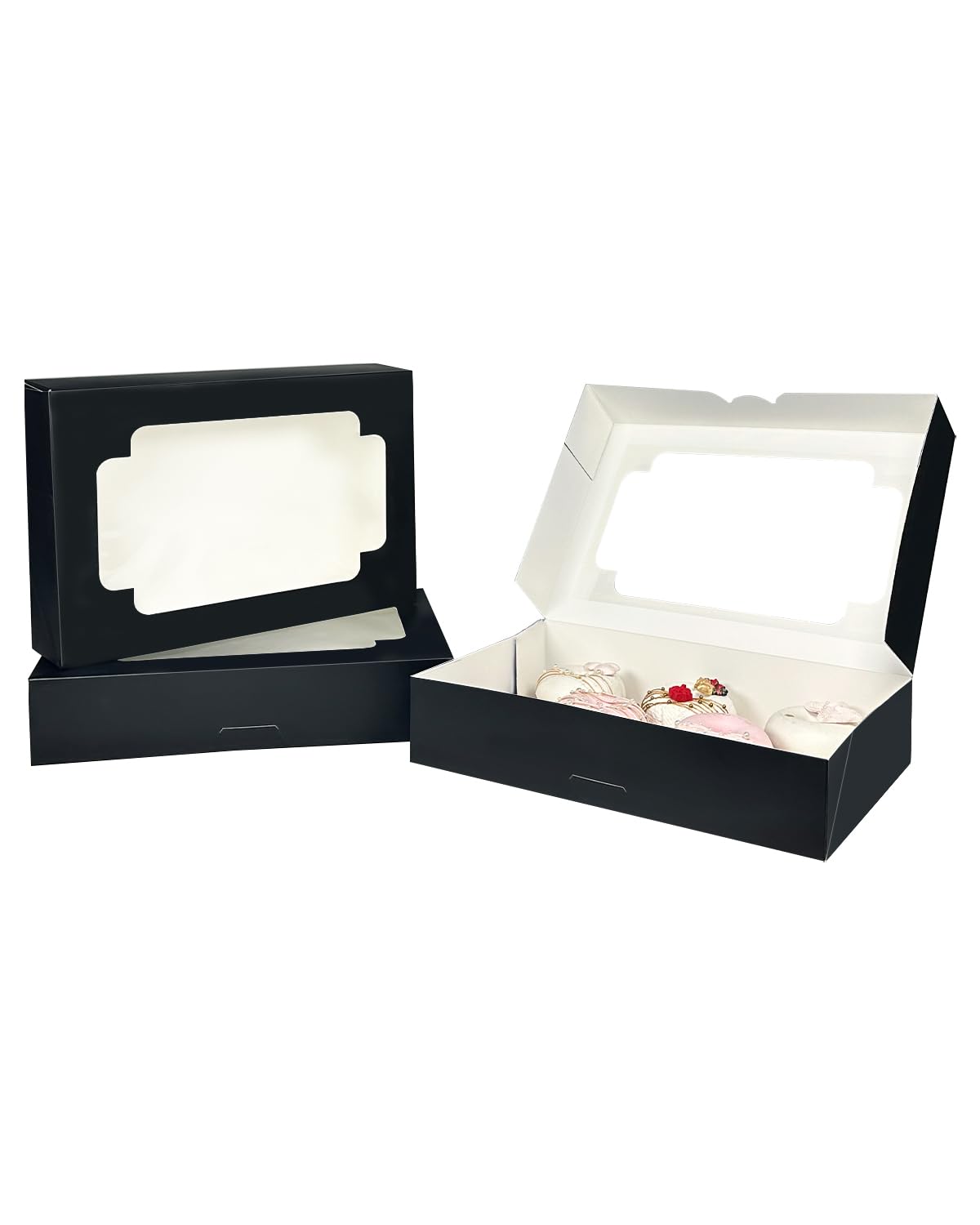 qiqee Auto-pop up Black Cookie Box with Window 12x8x2.5 inch 32 Packs Two Uses One Second Folding