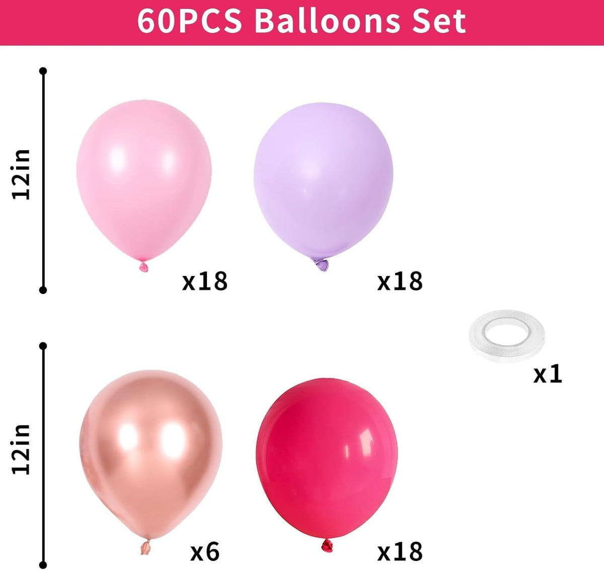 Pink and Purple Balloon Set, 60Pcs Hot Pink Lilac Lavender Balloon with Metallic Rose Gold