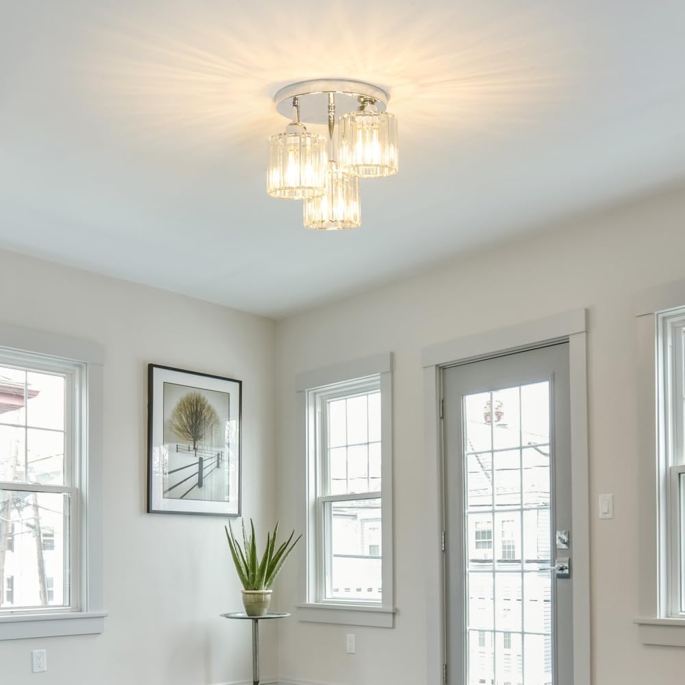 Crystal Ceiling Light Fixture, Chrome Semi Flush Mount Ceiling Light Fixture, 3-Light Hallway