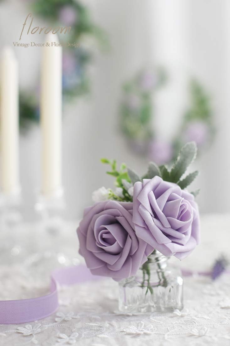 Floroom Artificial Flowers 25pcs Real Looking Lavender Purple Ombre Colors Foam Fake Roses with