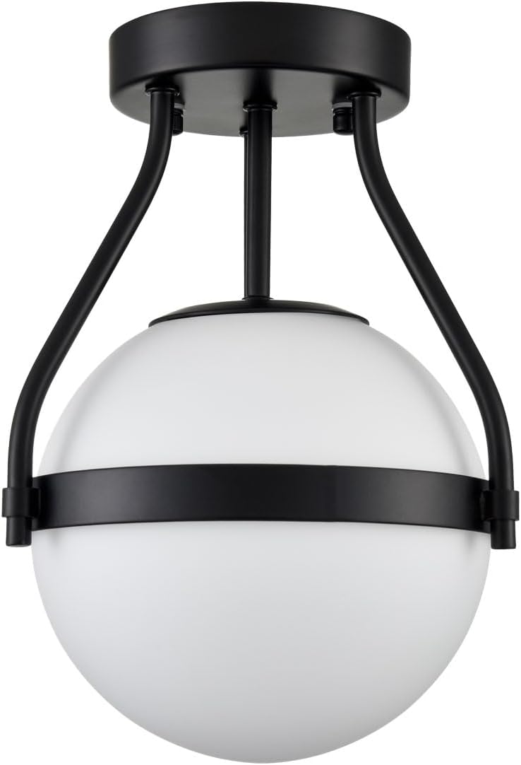 HOLKIRT Modern Globe Semi Flush Mount Ceiling Light,Black Ceiling Light Fixture with Opal Glass