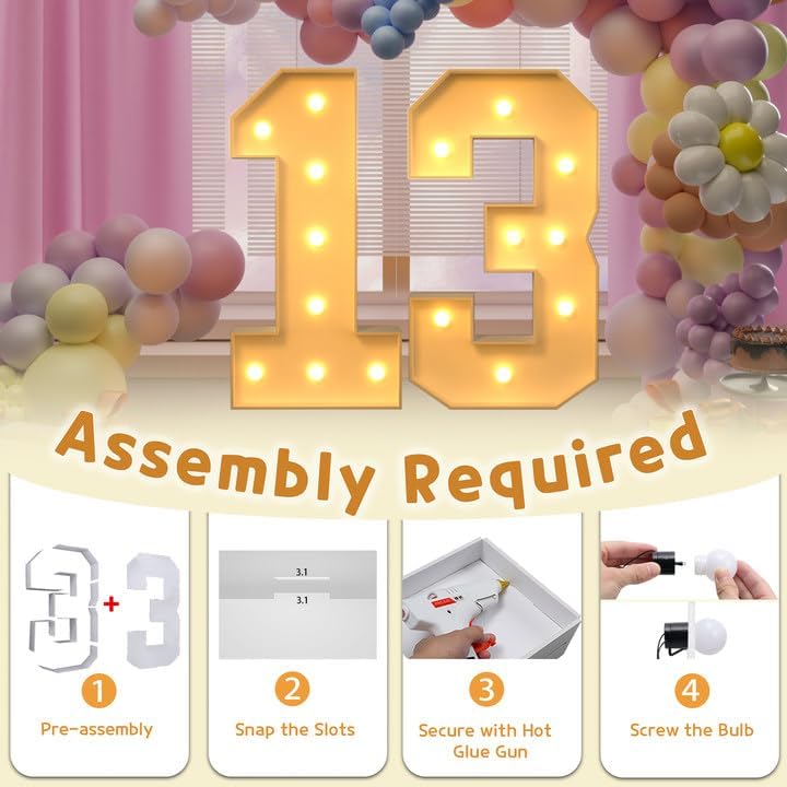 Imprsv 3FT Light Up Numbers, Marquee 13th Birthday Decorations for Girls Boys, Large Light Up 13th