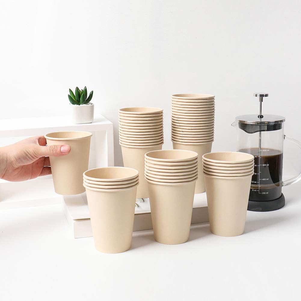 100 Count 12 oz Plant Fiber Disposable Light Brown Paper Coffee Cups, Perfect for Hot Drink, Hot