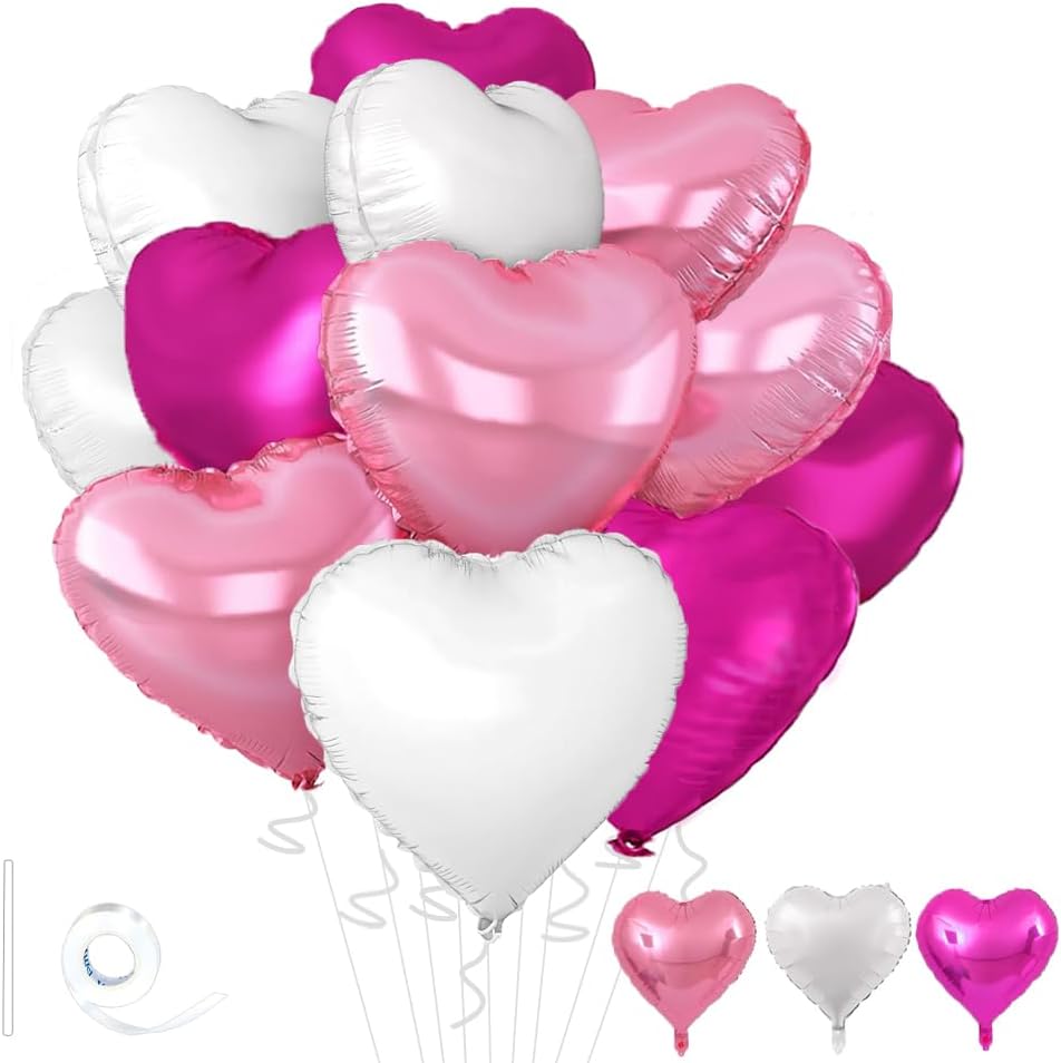 Rose Heart Balloons,18inch Bright Pink Heart Shaped Foil Balloons & White Helium Mylar Balloon for