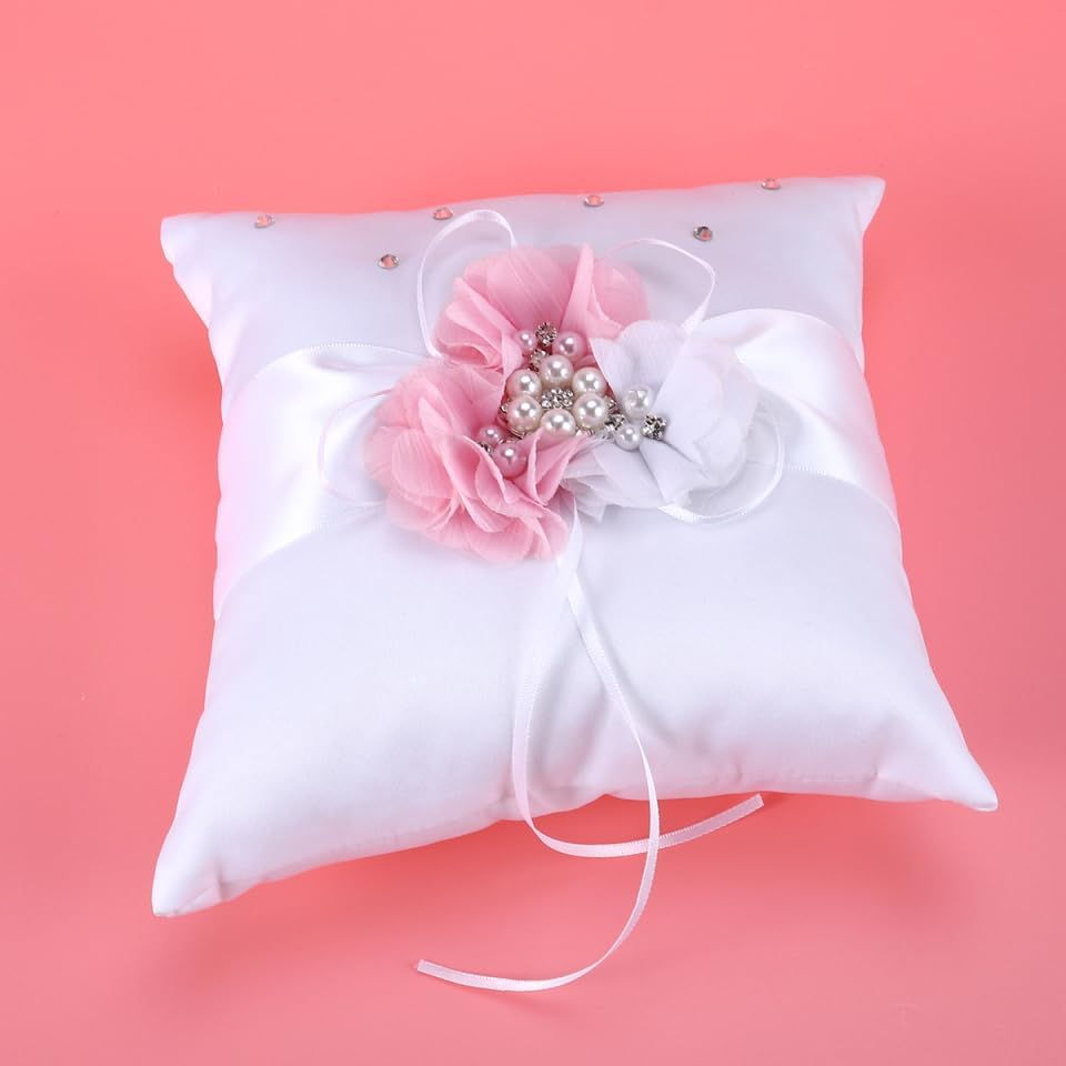 Wedding Ring Pillow Cushion with Pearl and Flower Decoration Elegant White Pink Ring Bearer Pillow