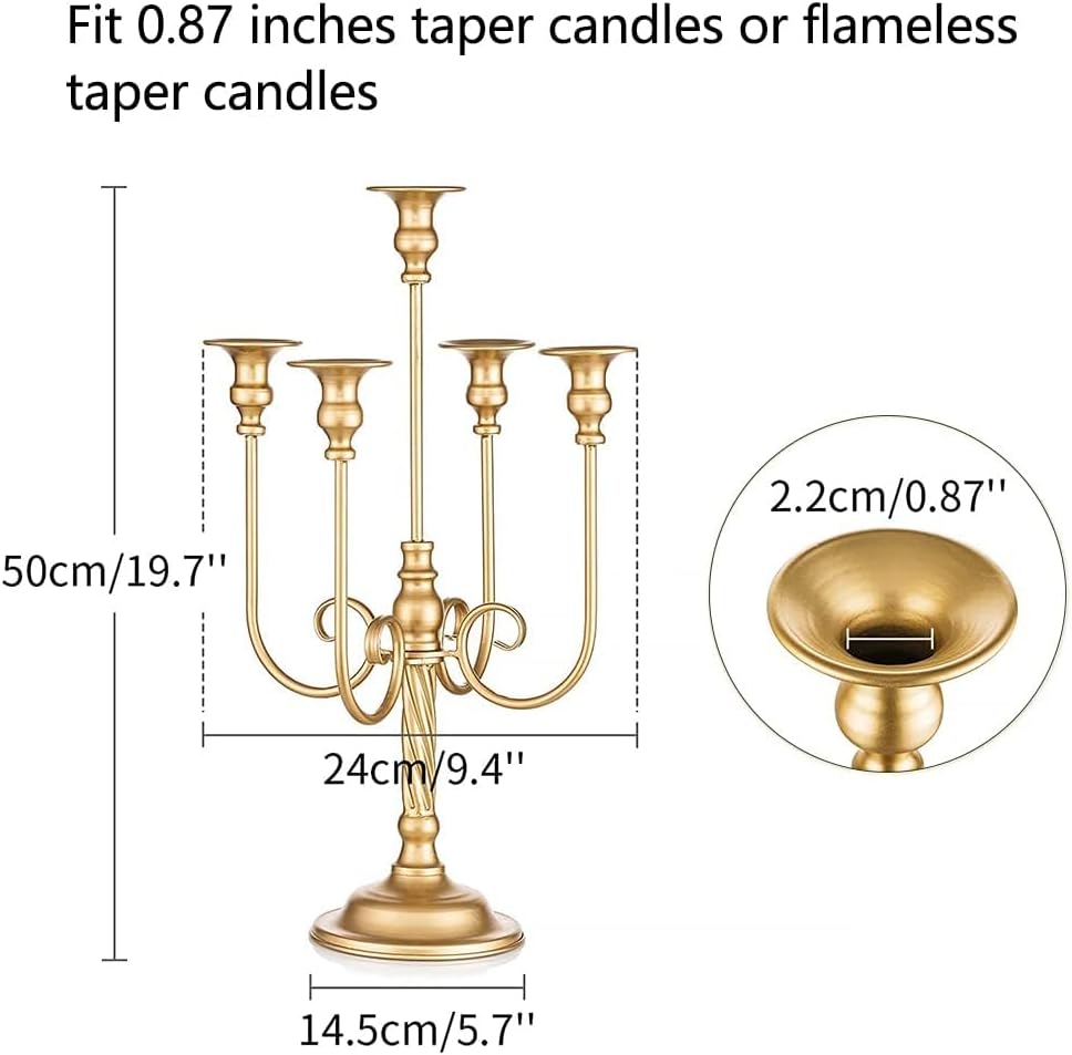 Metal Candelabra Gold Candle Stand 20in Tall, 5-Candle Candlestick Holder for Taper Candles, Candle