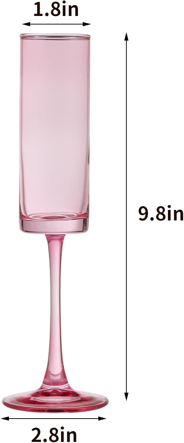 24 Pieces Pink Champagne Flutes 6 OZ Straight Sided Wine Glasses Champagne Long Stem Drinking