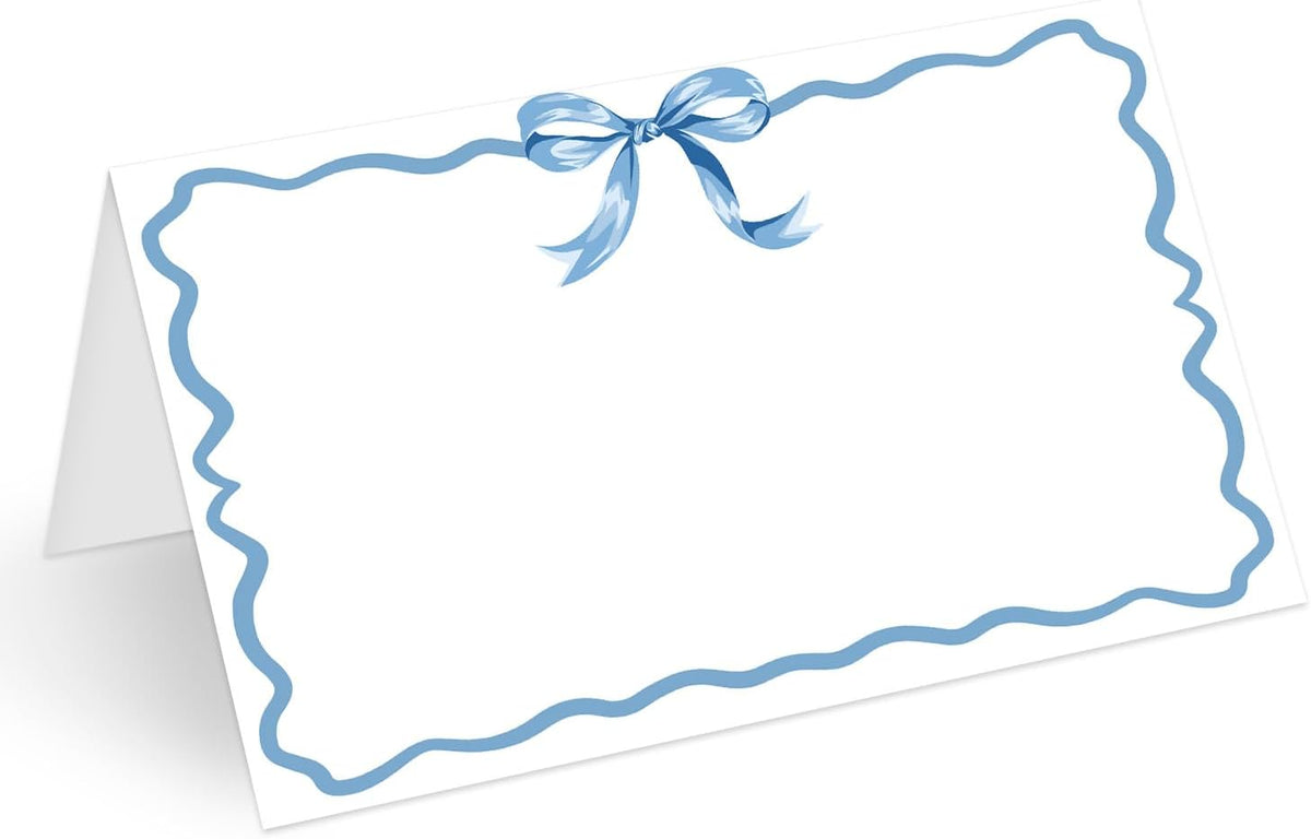 25 Pcs Blue Bow Place Cards, Blank Tent Name Cards for Food Buffet, Dinner Party, Wedding