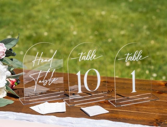 Clear Arch Acrylic Table Numbers for Wedding Reception - 5" x 7" White Font Centerpiece Set with
