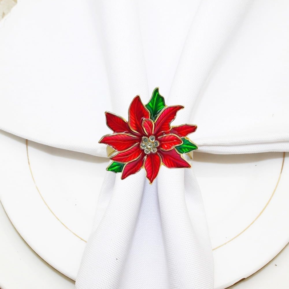 Poinsettia Napkin Rings Set of 6, Xmas Party Red Flower Napkin Holder Buckles, Thanksgiving