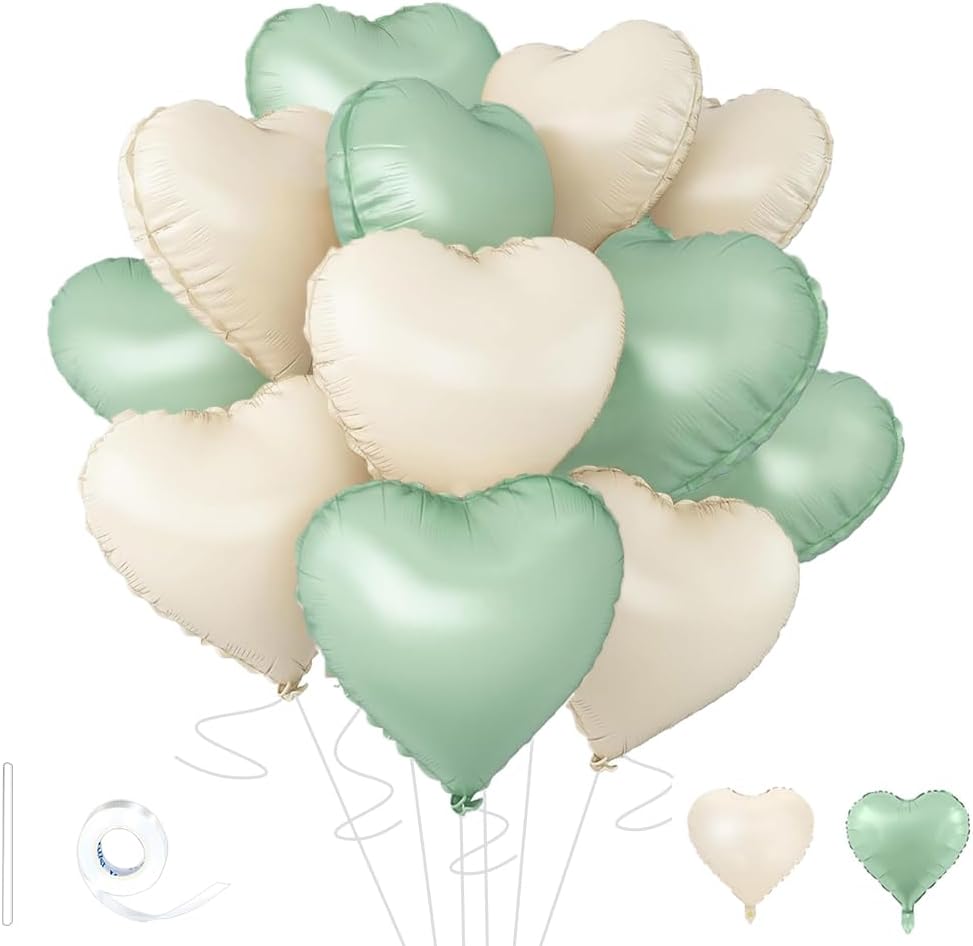 Baby White Heart Balloons，18 Inch Light Green Helium Foil Love Heart Shaped Balloons for