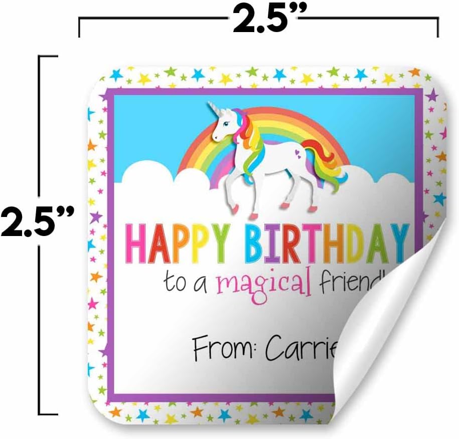 Custom & Personalized Rainbow Unicorn Happy Birthday Gift Tag Sticker Labels, 24 2.5" Square