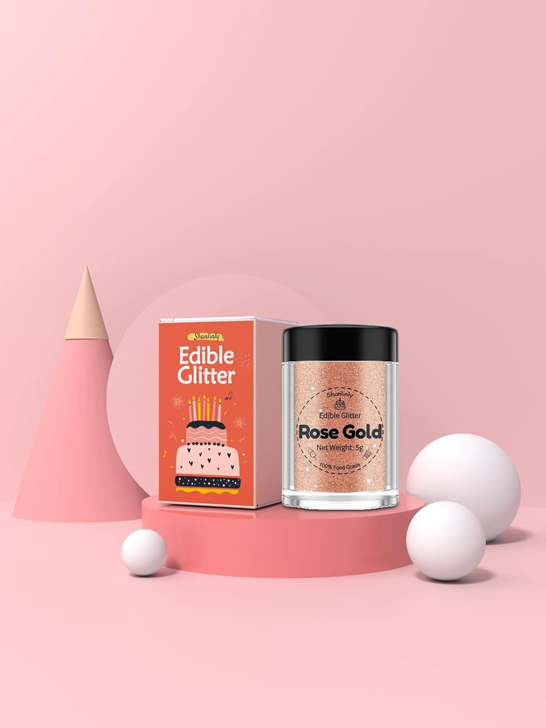 Shanlinly Rose Gold Edible Glitter for Cake Drinks - Food Grade 5g Shimmer Luster Glitter Dust