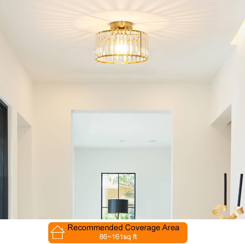 Crystal Ceiling Light Fixture, Modern Semi Flush Mount Ceiling Light, Gold Hallway Lighting