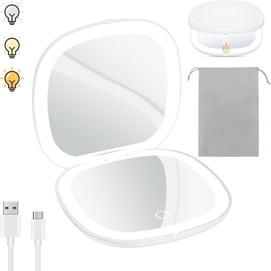 Benbilry 3.9" Rechargeable Compact Makeup Mirror with 3 Light Colors and Magnification 1X / 10X