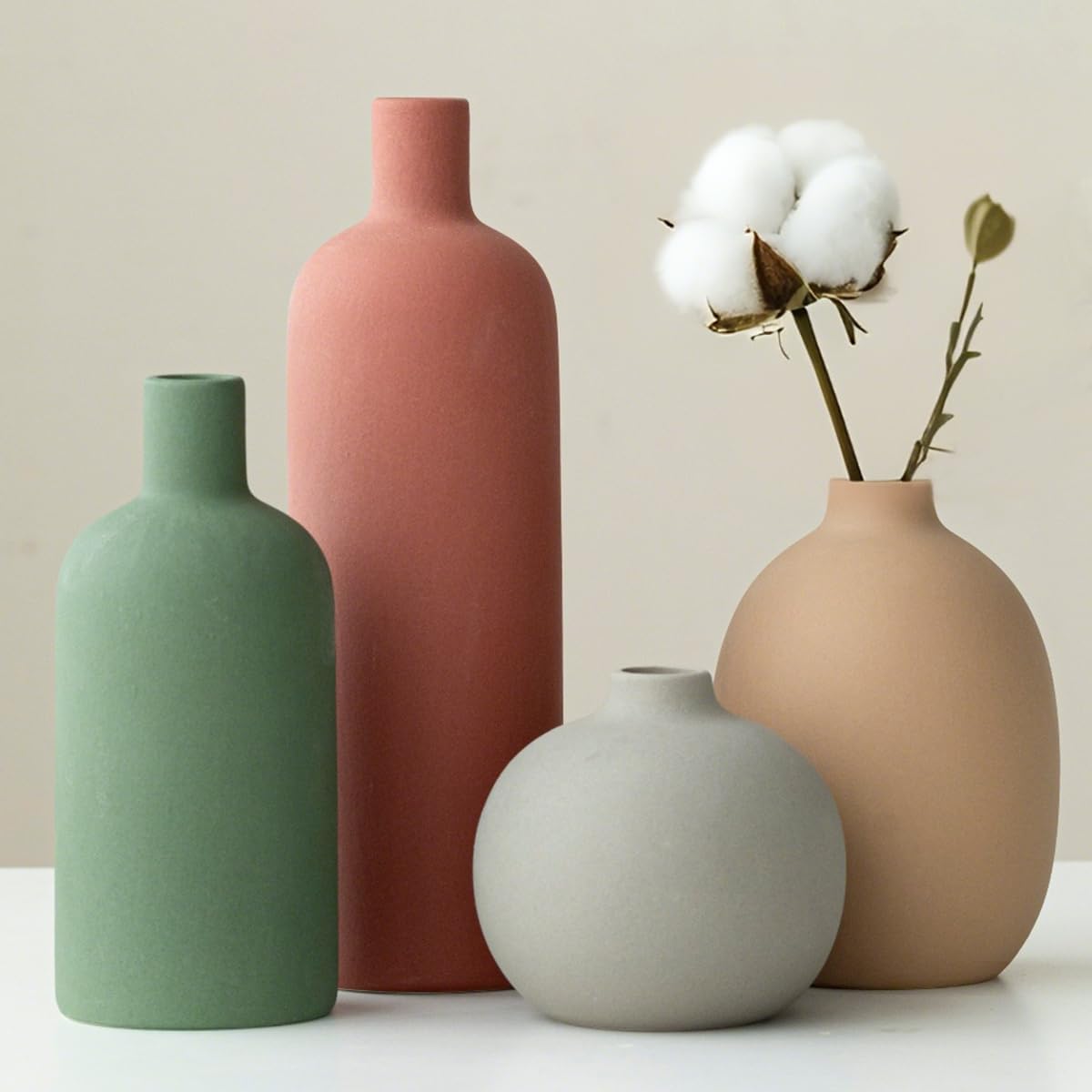 Modern Ceramic Vase Set, Neutral Colors, Decorative Vases for Home Decor, 4 Piece Collection (Green