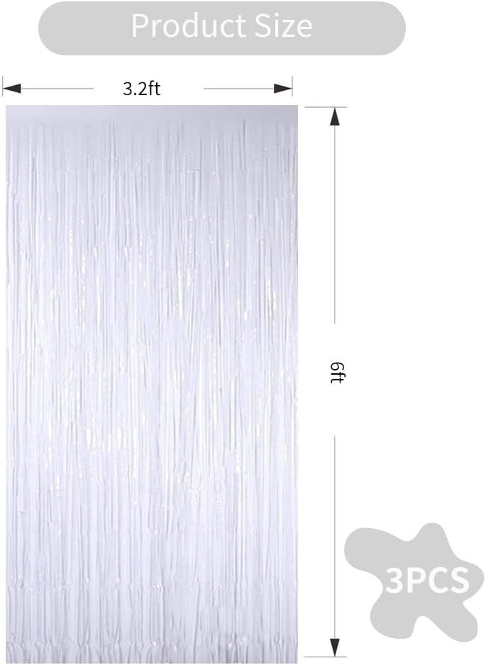 3Pcs White Metallic Tinsel Foil Fringe Curtains, 3.28ft x 6.56ft White Photo Booth Backdrop