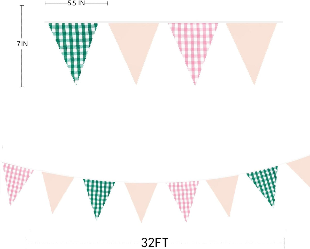 32Ft Pink Green Gingham Camp Bride Banner Green Pink Plaid Checkered Fabric Triangle Flag Pennant