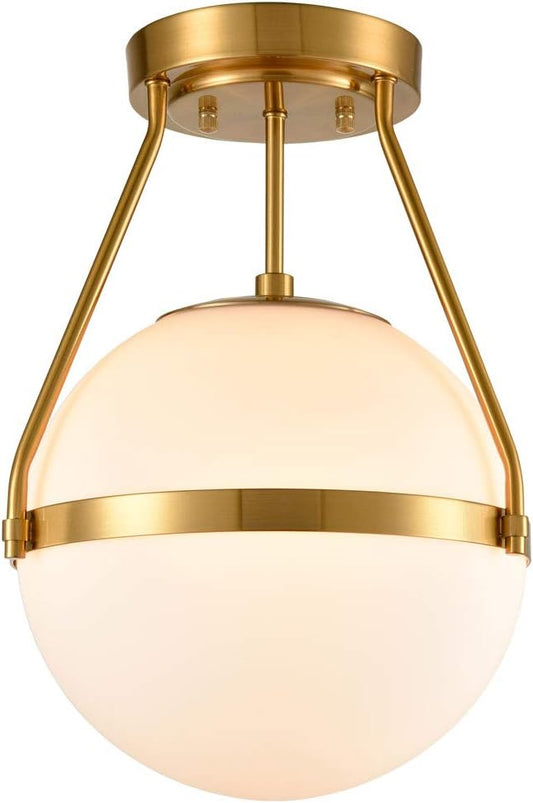 HOLKIRT Mid Century Modern Globe Semi Flush Mount Ceiling Light Fixture,White Opal with Brass