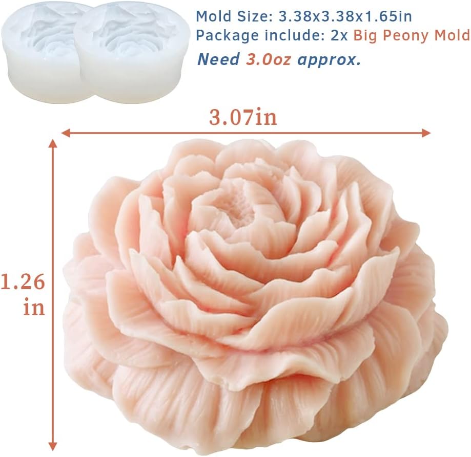 2PCS Peony Flower Silicone Soap Molds 3D Resin Candle Molds Flower Fondant Silicone Mold for