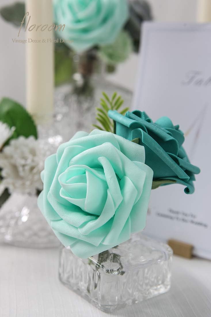 Floroom Artificial Flowers 25pcs Real Looking Robin's Egg Blue Foam Fake Roses with Stems for DIY