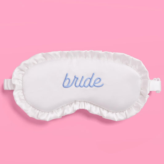 xo, Fetti Ruffled Bride Sleep Mask, White Satin + Blue Embroidery | Bachelorette Party Decorations