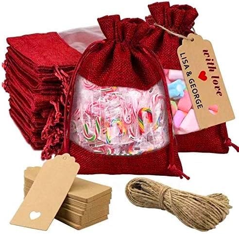 GIOIPC 50Pcs 4 x 6 Inch Linen Burlap Sheer Bags with Drawstring and Bonus Gift Tags for Wedding