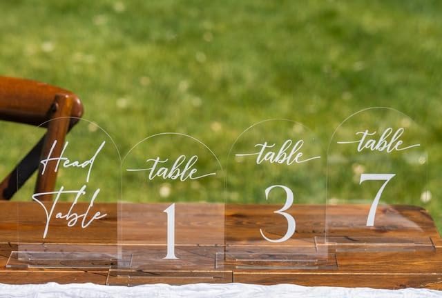 Clear Arch Acrylic Table Numbers for Wedding Reception - 5" x 7" White Font Centerpiece Set with