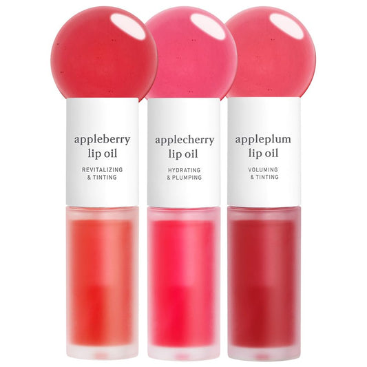 NOONI Vegan Appleseed Lip Oil Set - Appleberry & Applecherry & Appleplum | Long-Lasting