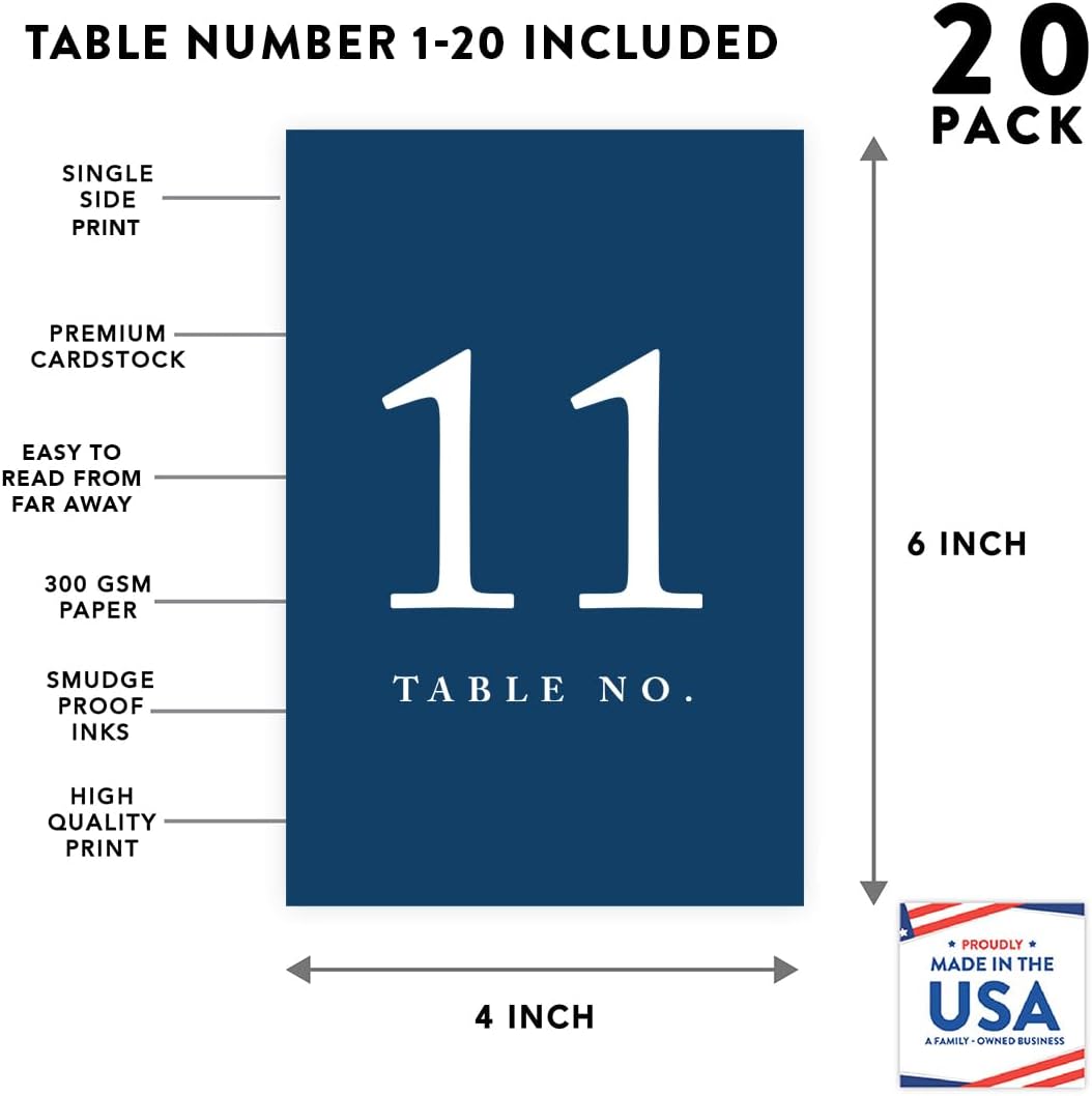 Andaz Press Table Numbers 1-20 On Perforated Paper, Navy Blue, 4X6-Inch Single Sided Sign, 1-Set