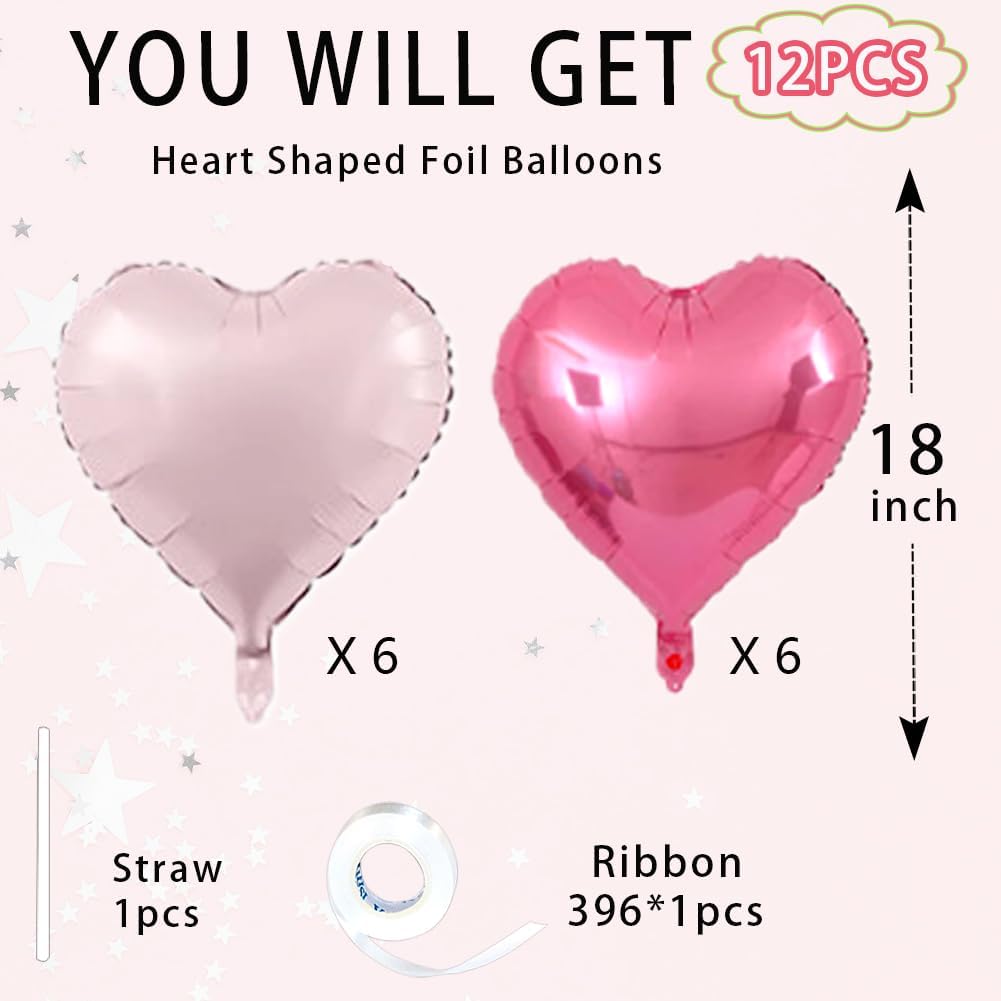Pink Heart Balloons,18inch Bright Pink Heart Shaped Foil Balloons & Baby Pink Helium Mylar Balloon