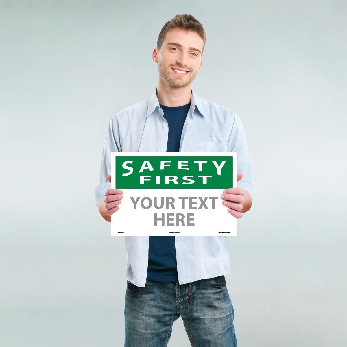 Custom OSHA Style Safety First Sign 12" x 18" Adhesive Vinyl Sign, Customizable "Your Text Here"