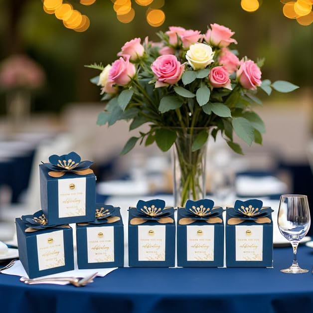 FEIYI 20 PCS Favor Boxes, 3 In 1 Navy Blue Candy Boxes with Floral Decor, White Thank You Tags Gold