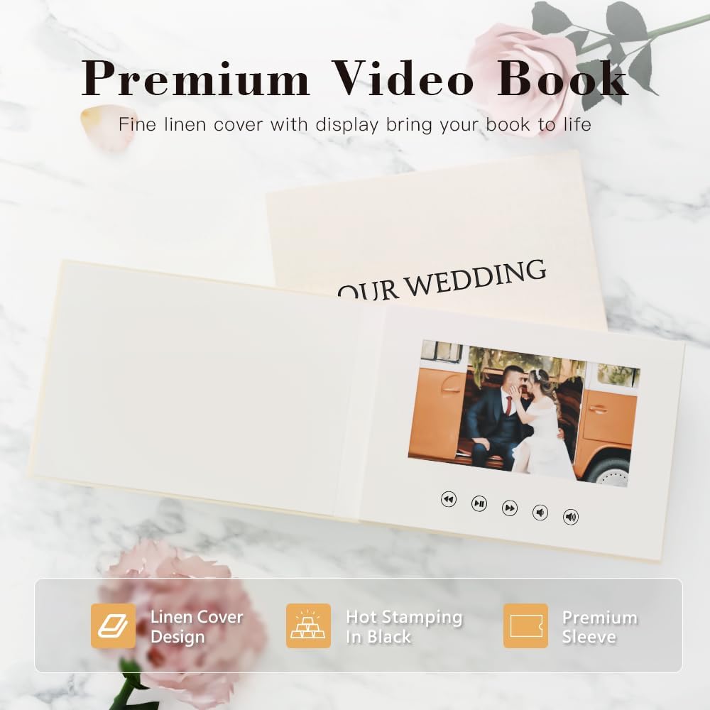 OUR WEDDING - Black Foil Luxury Linen Bound Video Book Album With 7" IPS Display, 4GB Memory &