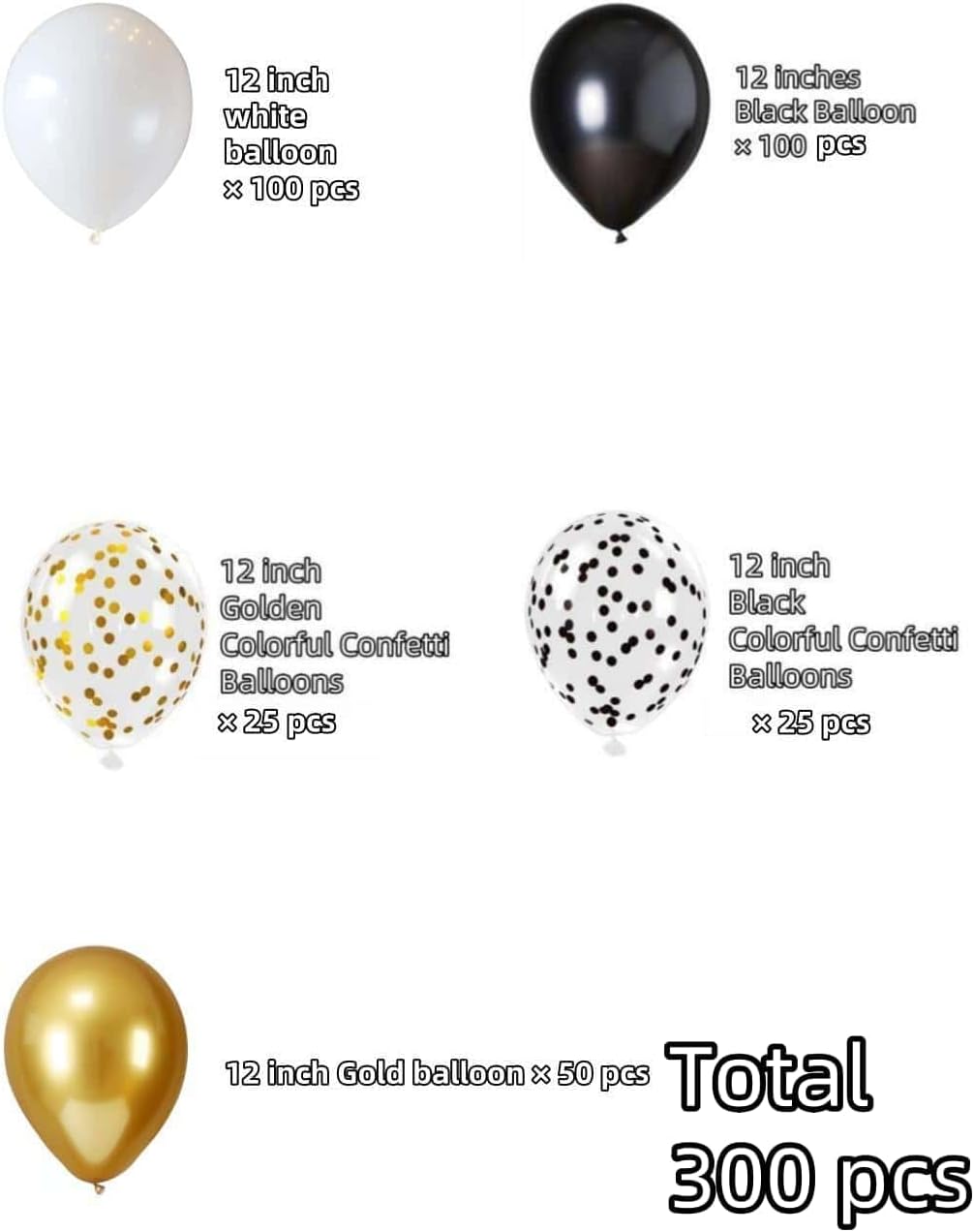300 Pcs Black Gold Confetti Balloons Set Lncludes 12 inch Black White Gold and Confetti Balloons