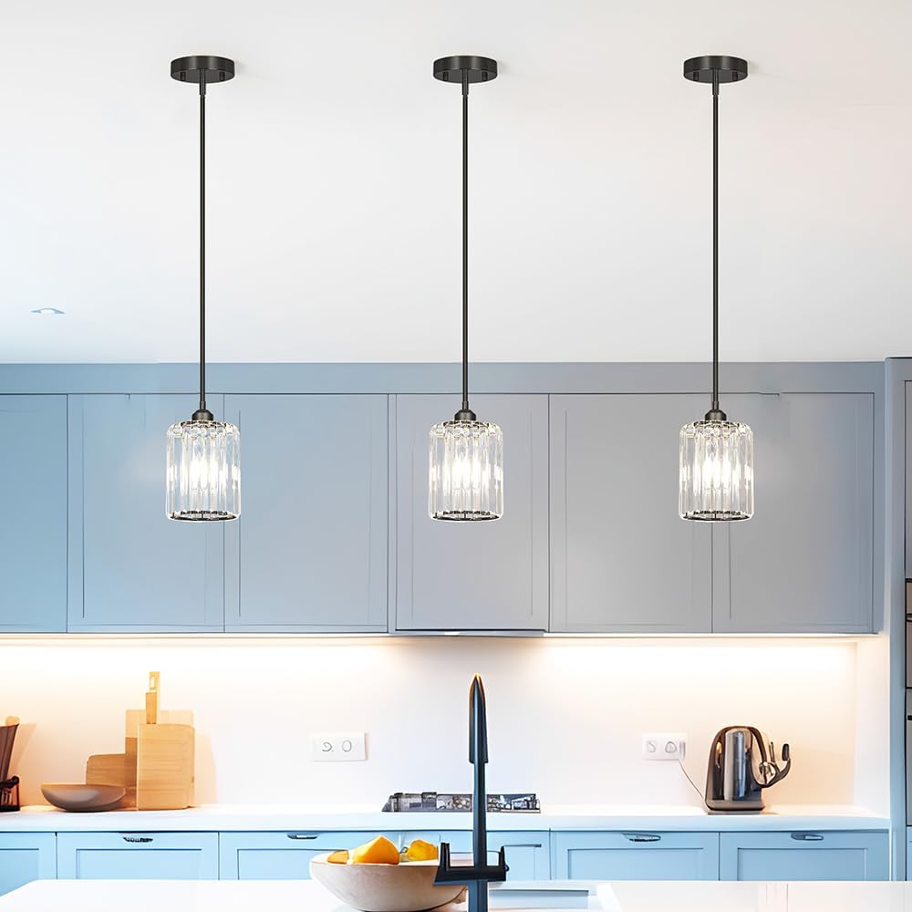 Black Kitchen Pendant Lights Over Island with Adjustable Rods - Crystal Pendant Lighting Fixtures