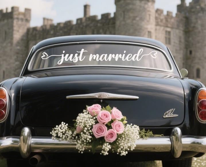 Just Married Vinyl Decal – White Wedding Car Sticker, 28 x 3.8 inch, Just Married Car Window Decal