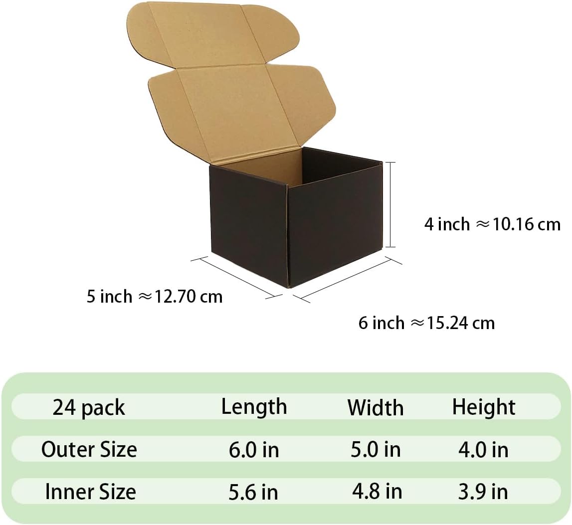 24 Pack 6x5x4 Inches Shipping Boxes，Black 3 Layers Corrugated Cardboard Box, Mailer Boxes for
