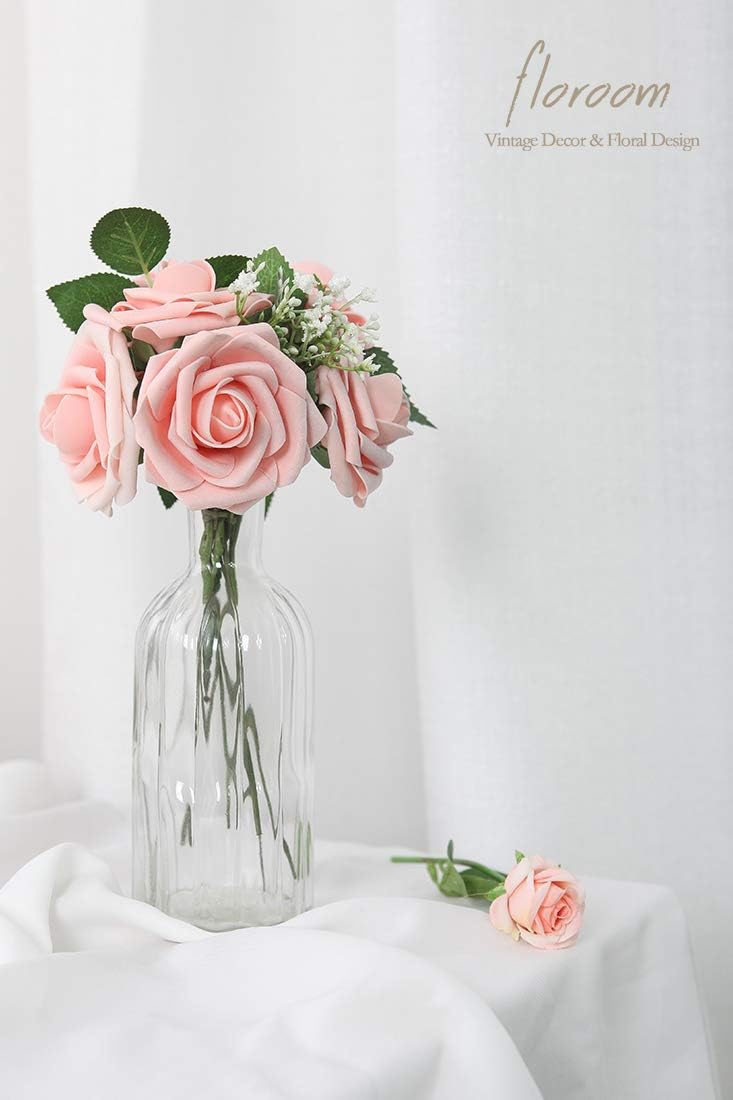 Floroom Artificial Flowers 25pcs Realistic Peach Pink Foam Fake Roses with Stems for DIY Wedding