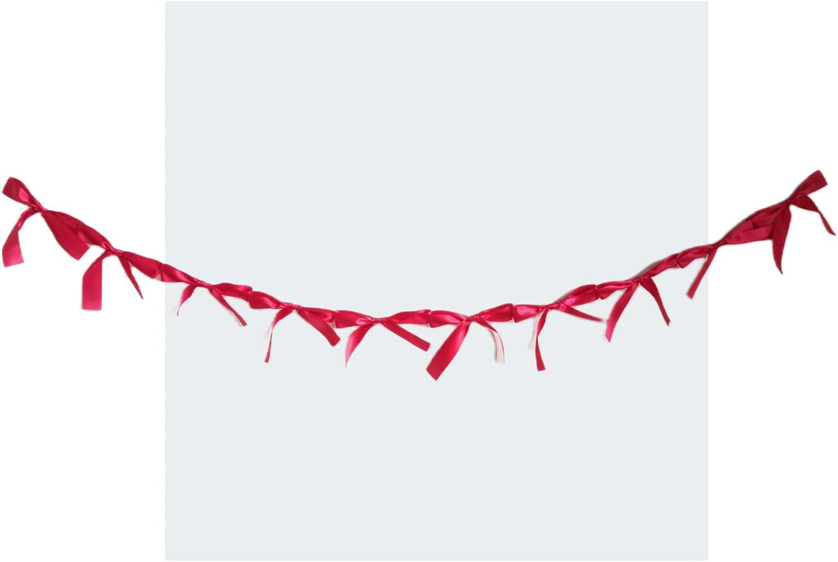 Pre-Assembled Red Bow Garland | Double Side Satin Silk Bow Banner 6FT+ 3ft Extend Ribbon for
