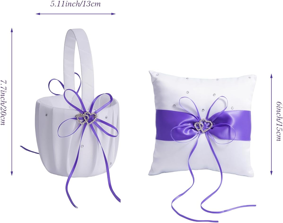 QIRMIZI Wedding Ring Pillow and Flower Girl Basket Set – Adorned with Pearl Rhinestones, White
